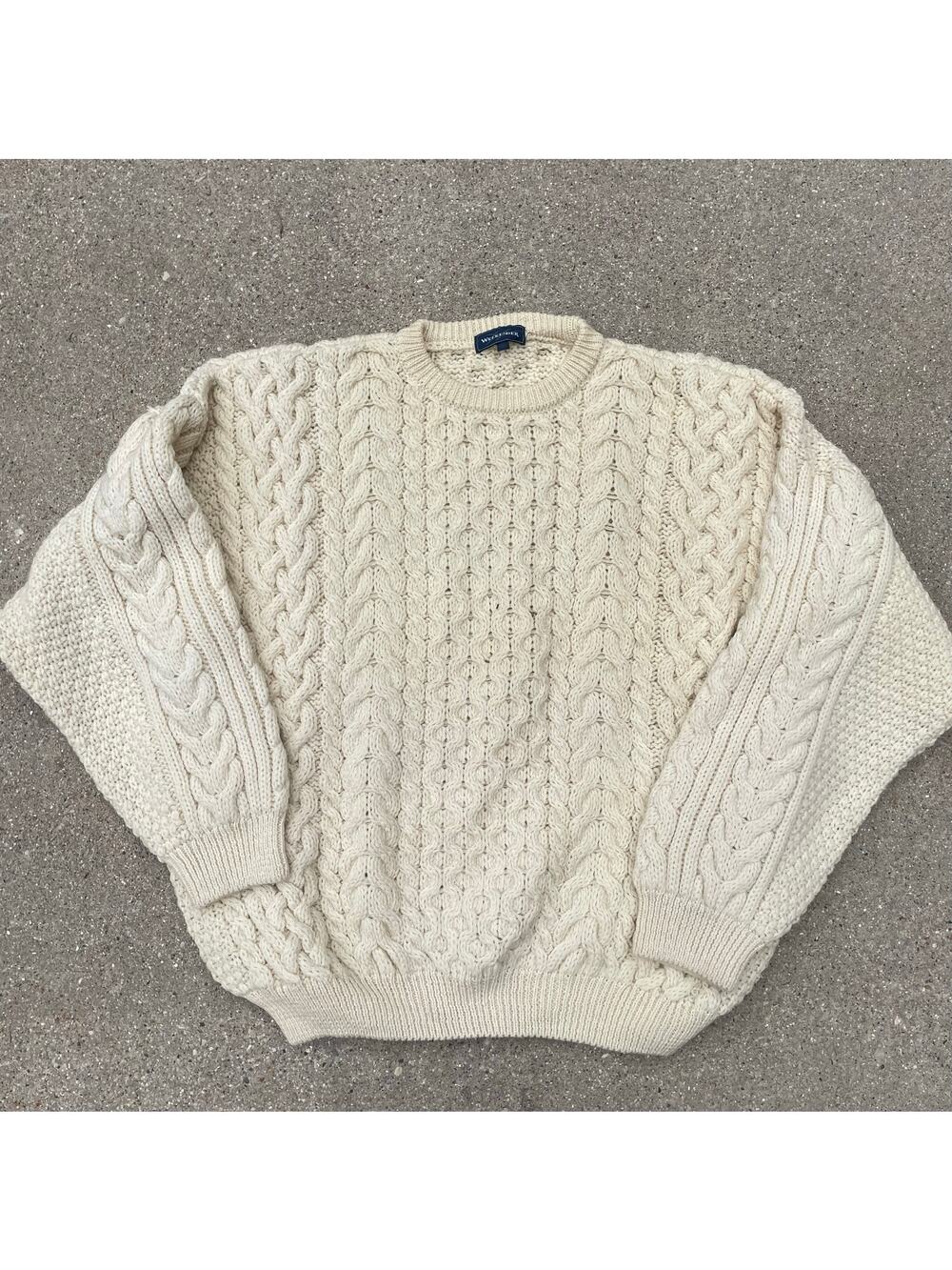 Vintage Weekender Aran Fisherman Cable Knit Sweater Cream Cozy Boxy Mens XL